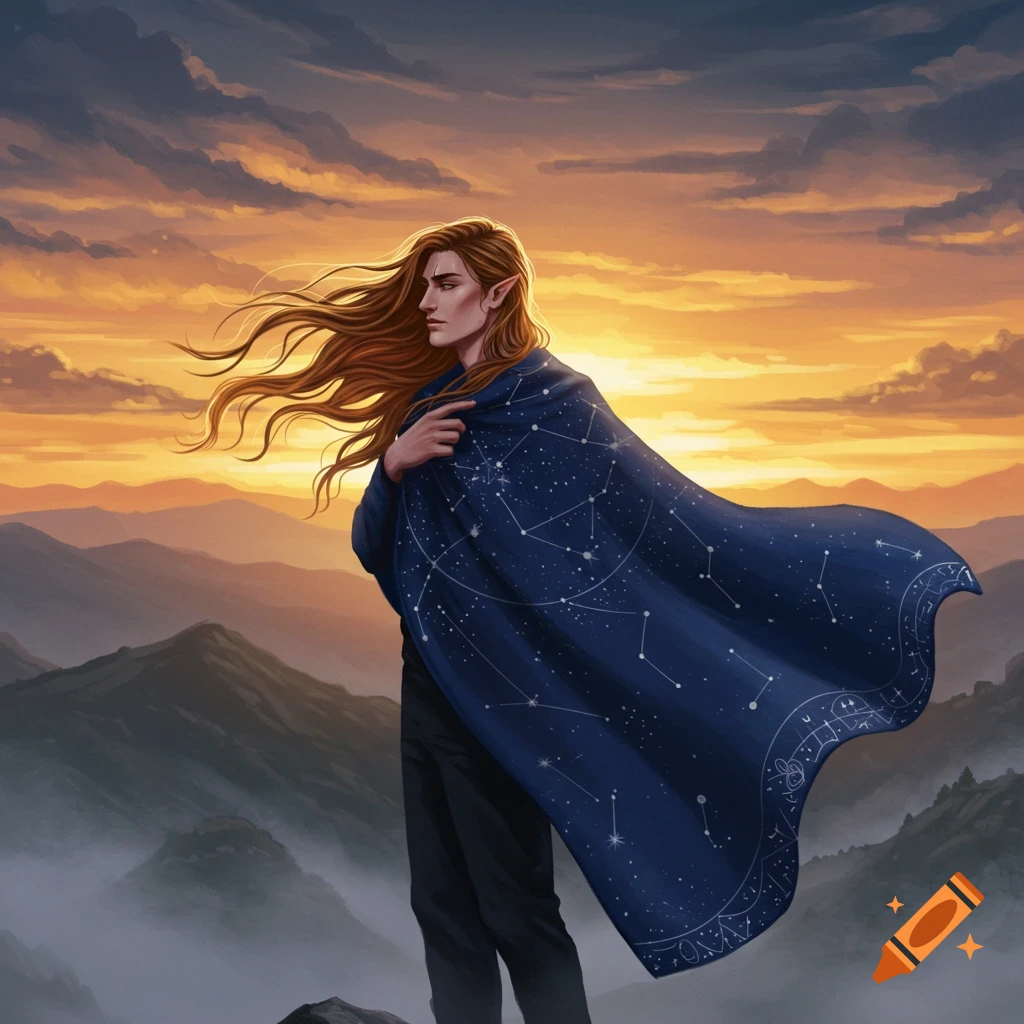 An elf-like man with long hair and pointed ears stands on a mountain peak at sunset, wearing a blue cloak with constellation patterns.