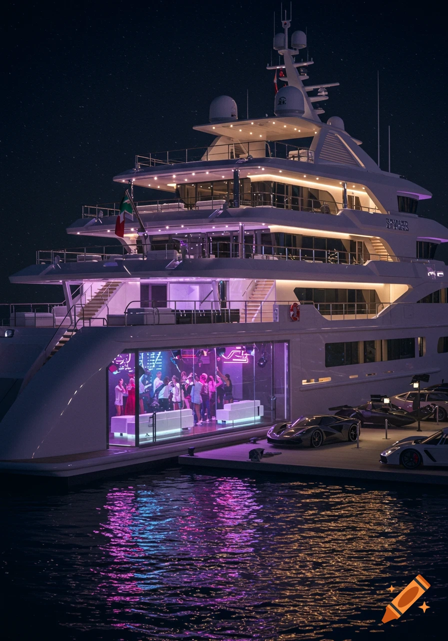 Hyper-realistic nighttime photo of a massive luxury yacht docked at a marina with a vibrant nightclub and luxury cars.
