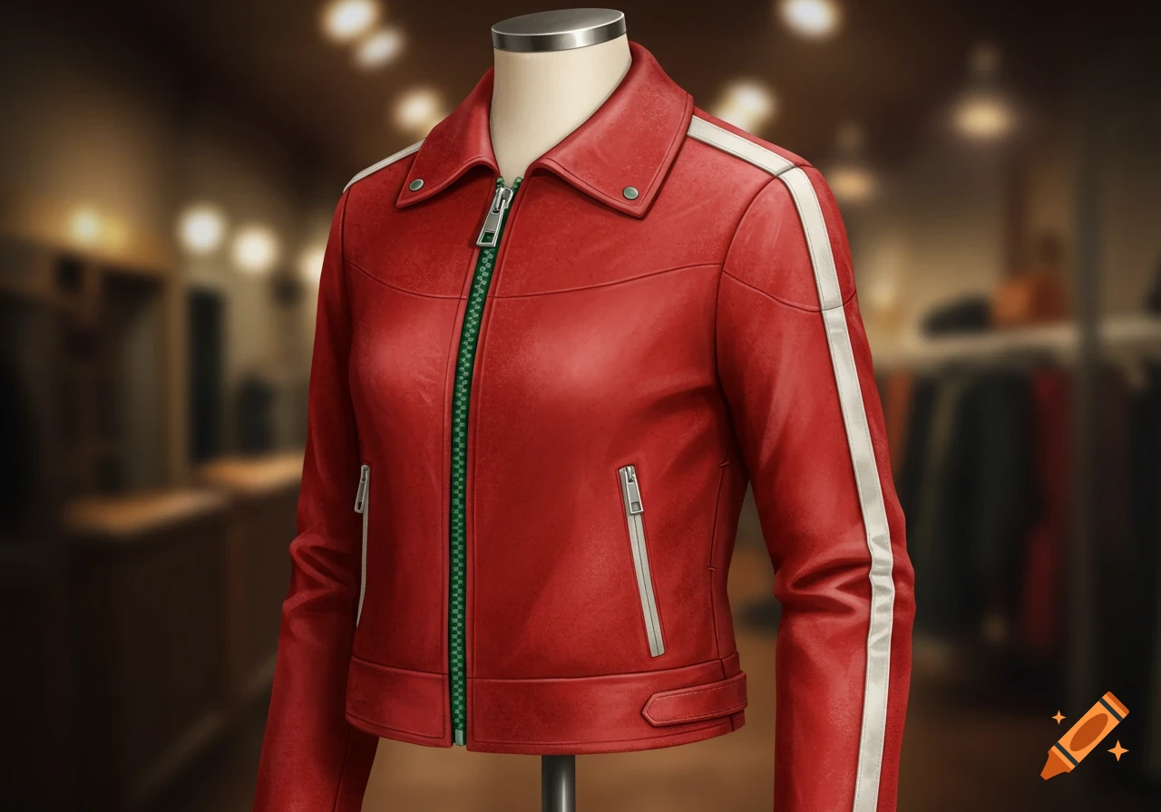 A red leather jacket with white shoulder stripes and a green zipper, displayed on a mannequin in a store.