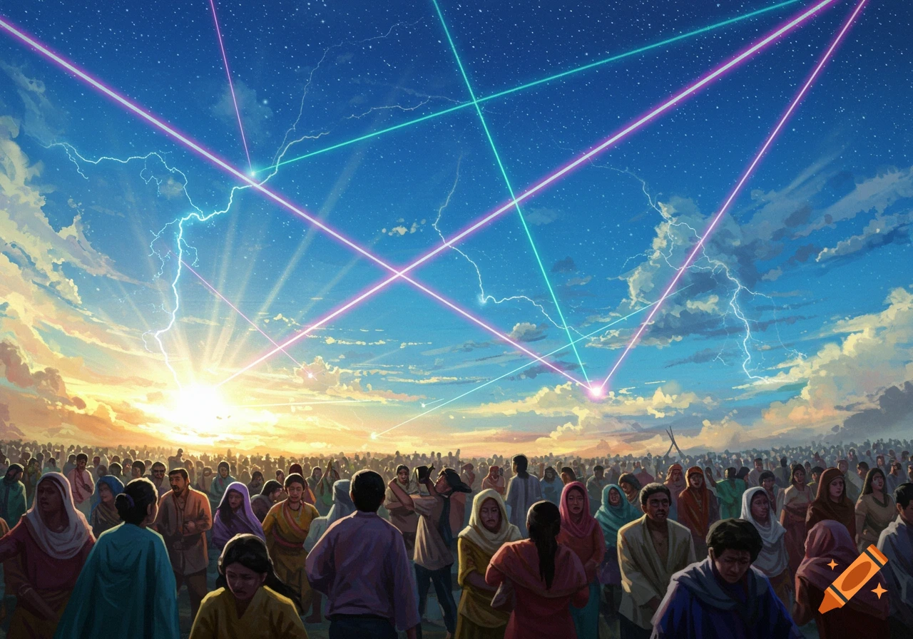 A massive crowd of diverse people looks up in fear at a dramatic sky with sunset, lightning, and intersecting colorful laser beams.