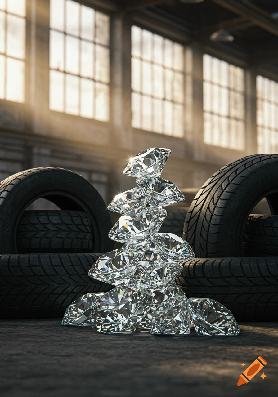 A stack of sparkling diamonds in front of black tires in a sunlit industrial warehouse.