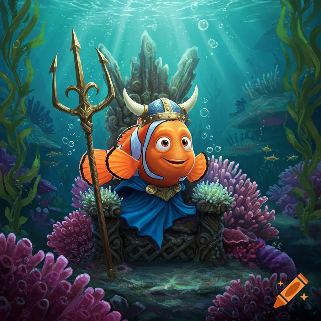 Nemo the clownfish dressed as Odin in a horned helmet and blue cloak, holding a trident, sitting on a coral throne underwater.