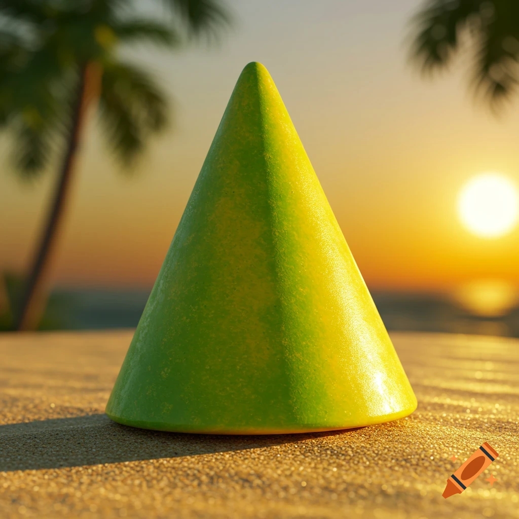 A bright green cone sits on a golden sandy beach, illuminated by a vivid sunset with palm trees in the background.