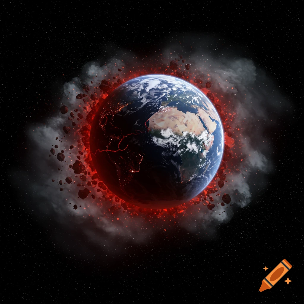 Planet Earth ablaze in space, surrounded by a fiery red glow, smoke, and asteroid debris.