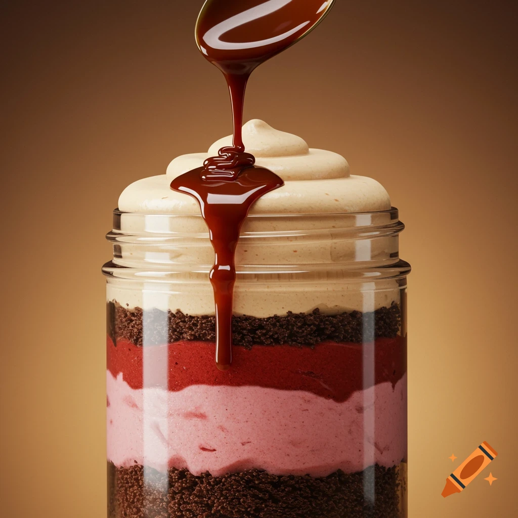 A close-up, photorealistic shot of a layered dessert in a mason jar with chocolate, strawberry, and beige mousse layers, topped with melted chocolate drizzled from a spoon.