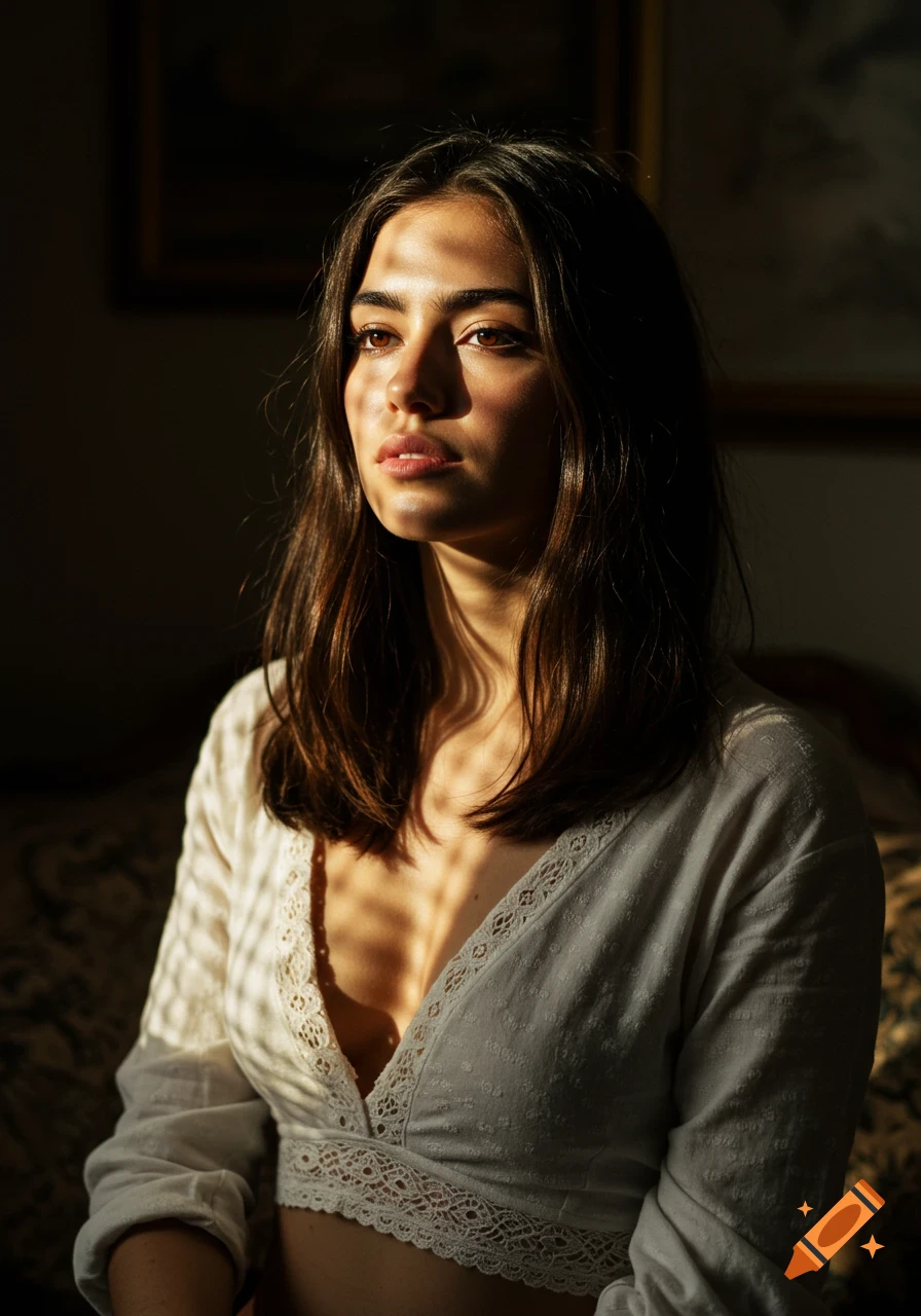 Photorealistic portrait of a young woman with long dark hair in a white top, lit by golden hour sunlight stripes.