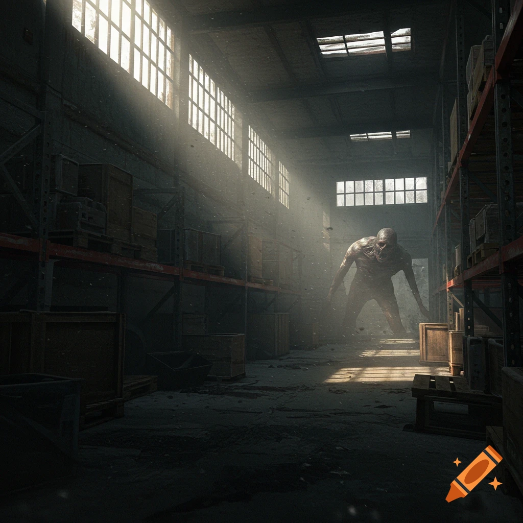 A terrifying, skeletal monster stands in a dark, dusty warehouse, illuminated by bright sunlight streaming through windows.