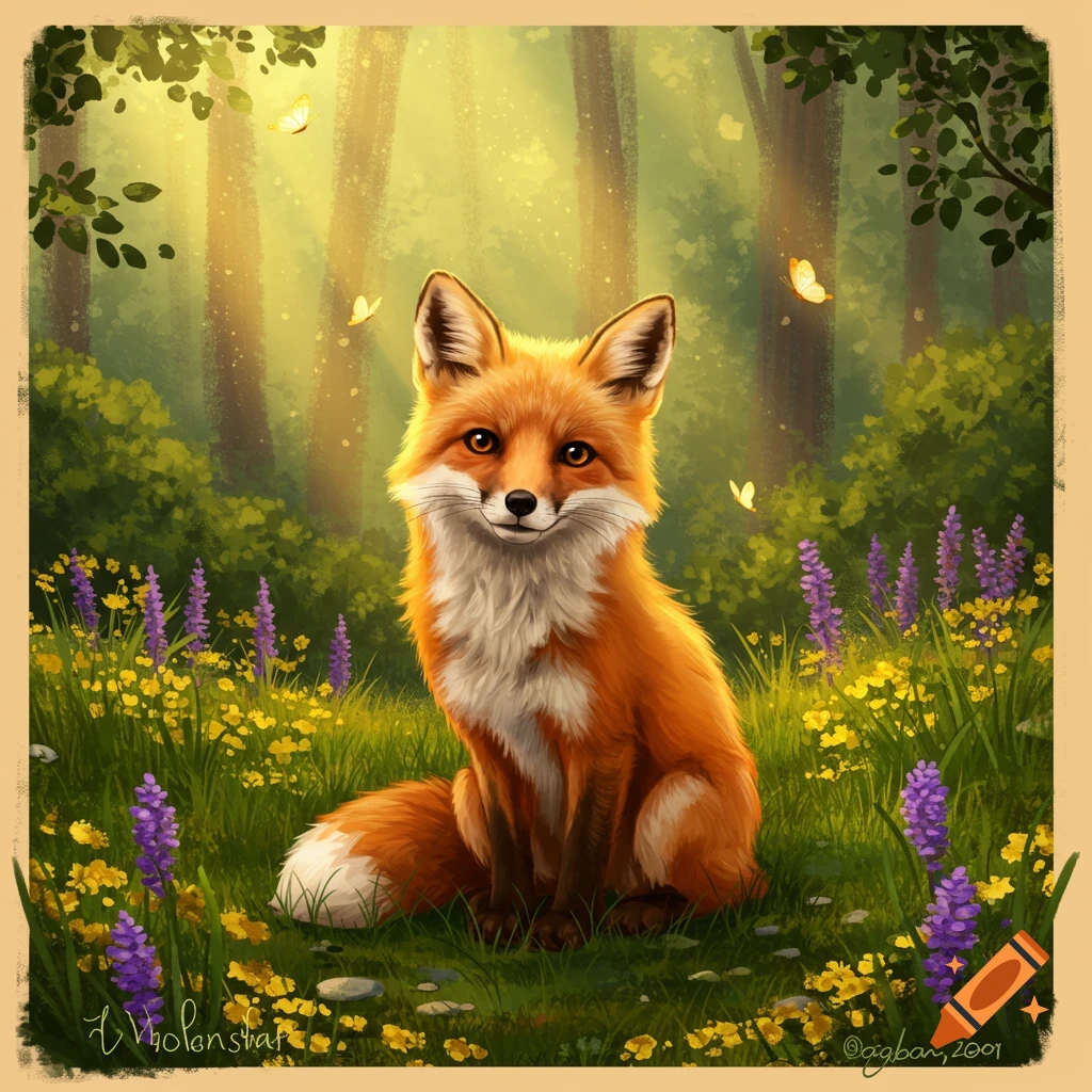 A smiling orange fox with white fur sits in a sun-dappled forest clearing filled with purple and yellow wildflowers, in an illustrative style.