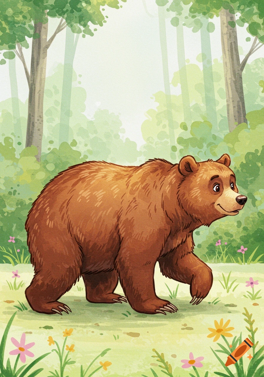 A brown bear walks through a green forest, illustrated in a watercolor, Disney-style.