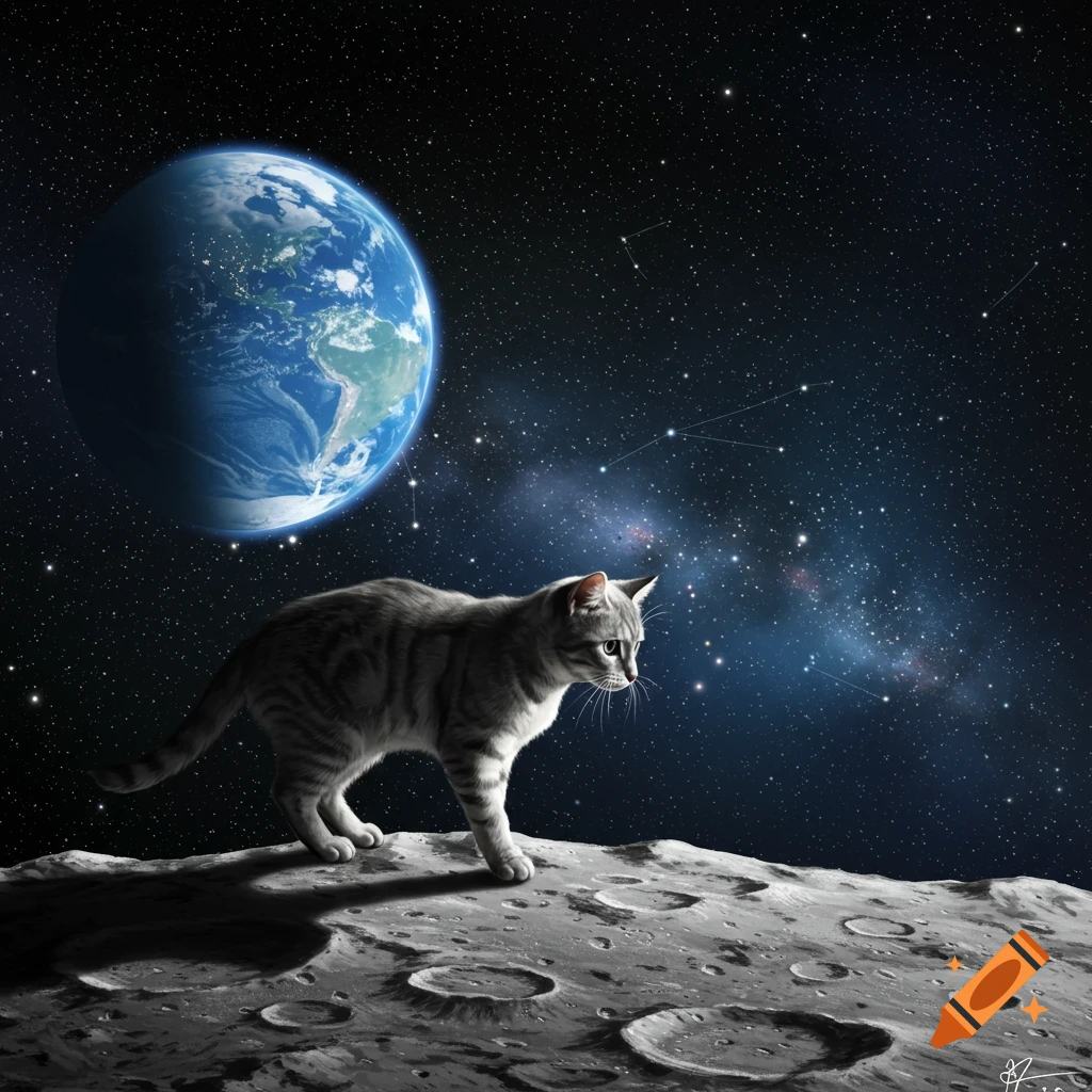 A striped cat walks on the gray, cratered surface of the moon, looking towards a blue Earth and a vast starry sky.