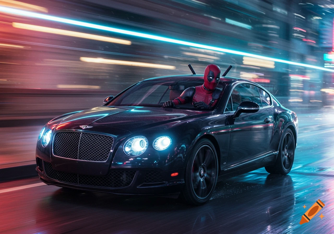 Deadpool in a red and black suit drives a black Bentley Continental GT at night, with bright motion-blurred city lights.