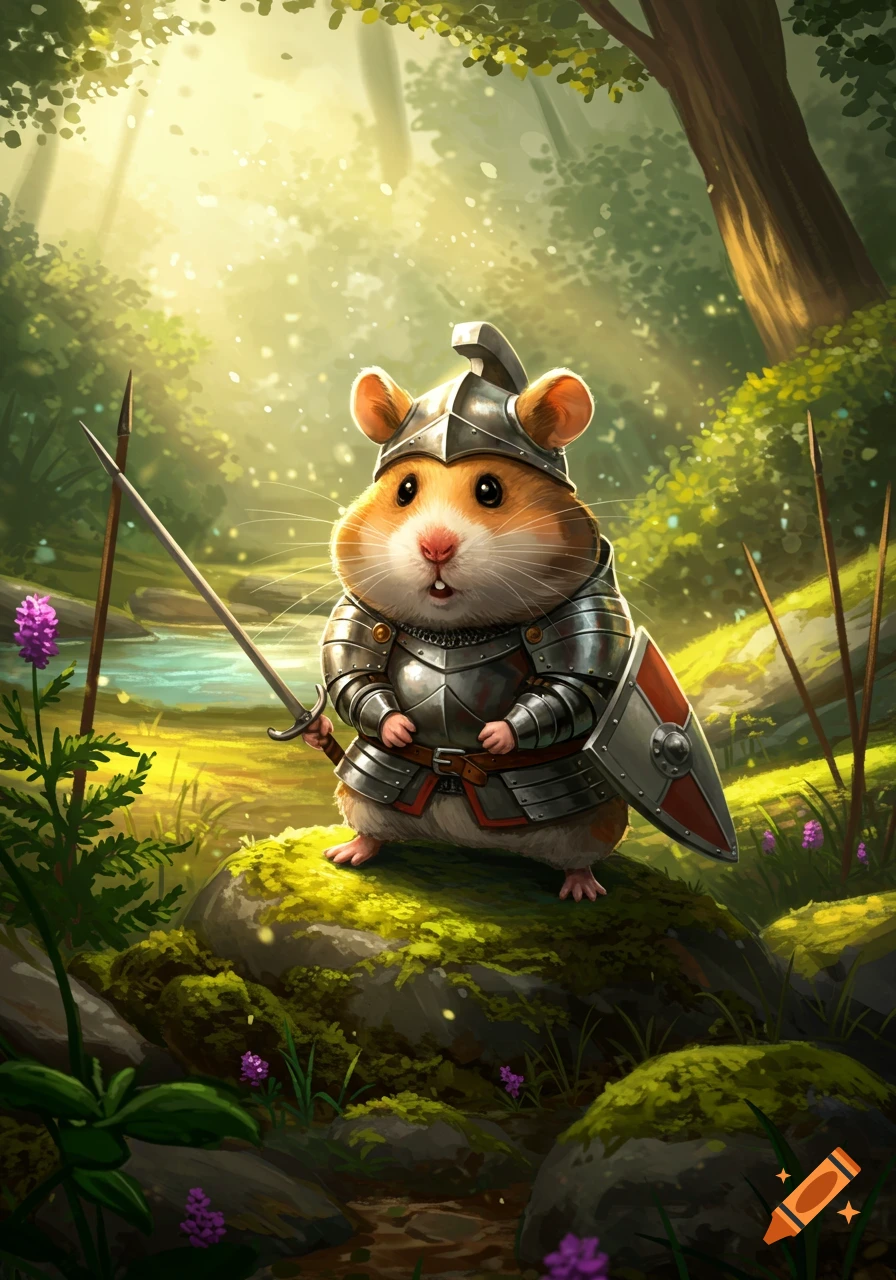 A cute hamster soldier in full armor, holding a sword and shield, stands on a mossy rock in a sunny, green forest.