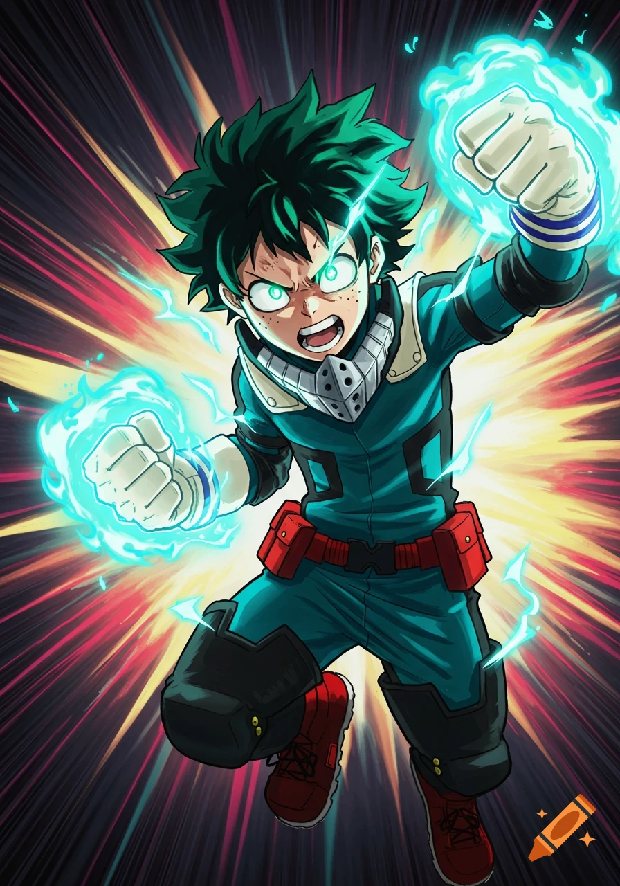 Dynamic anime illustration of Deku from My Hero Academia, with glowing teal energy around his fists and eyes, against a streaking background.