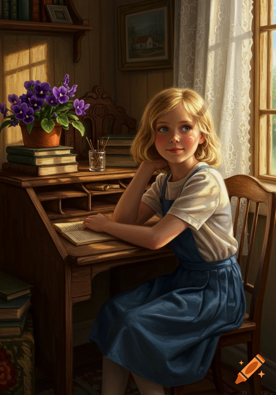 A blonde girl with blue eyes sits at a wooden desk, writing in a book, bathed in warm window light.