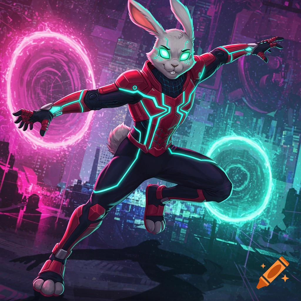Vibrant anthropomorphic rabbit superhero in a red and black suit with neon accents leaps in a cyberpunk city with glowing portals.