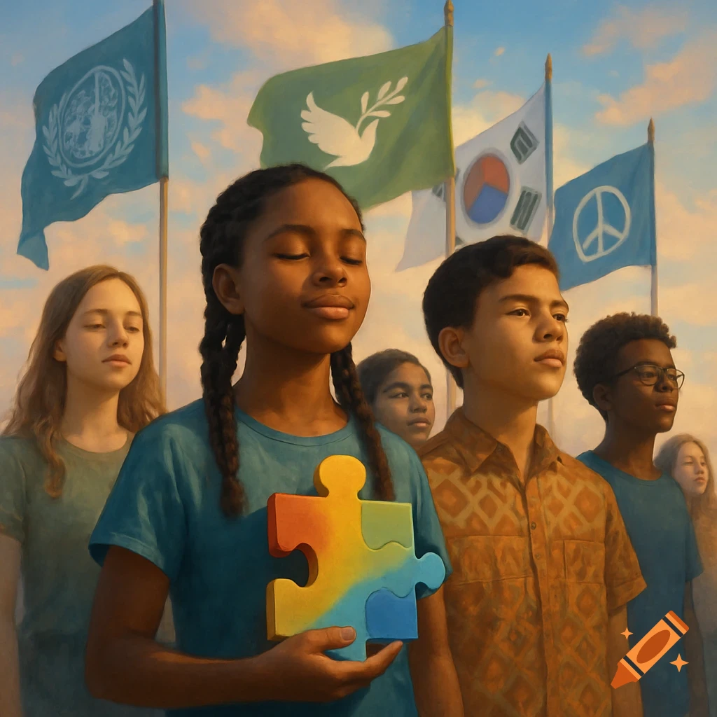 Diverse young people stand with flags, one girl holds a rainbow puzzle piece, in a peaceful, hopeful scene.