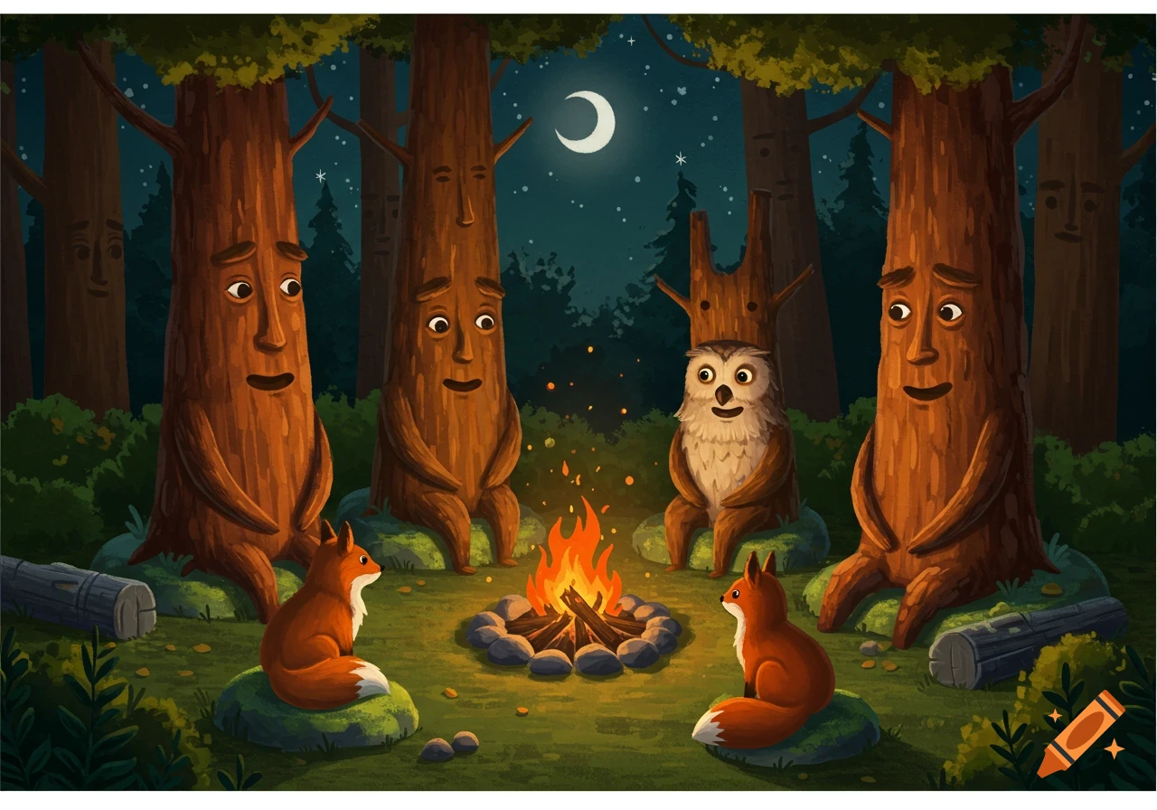 A cartoon illustration of anthropomorphic trees, two foxes, and an owl sitting around a campfire in a dark forest under a crescent moon.