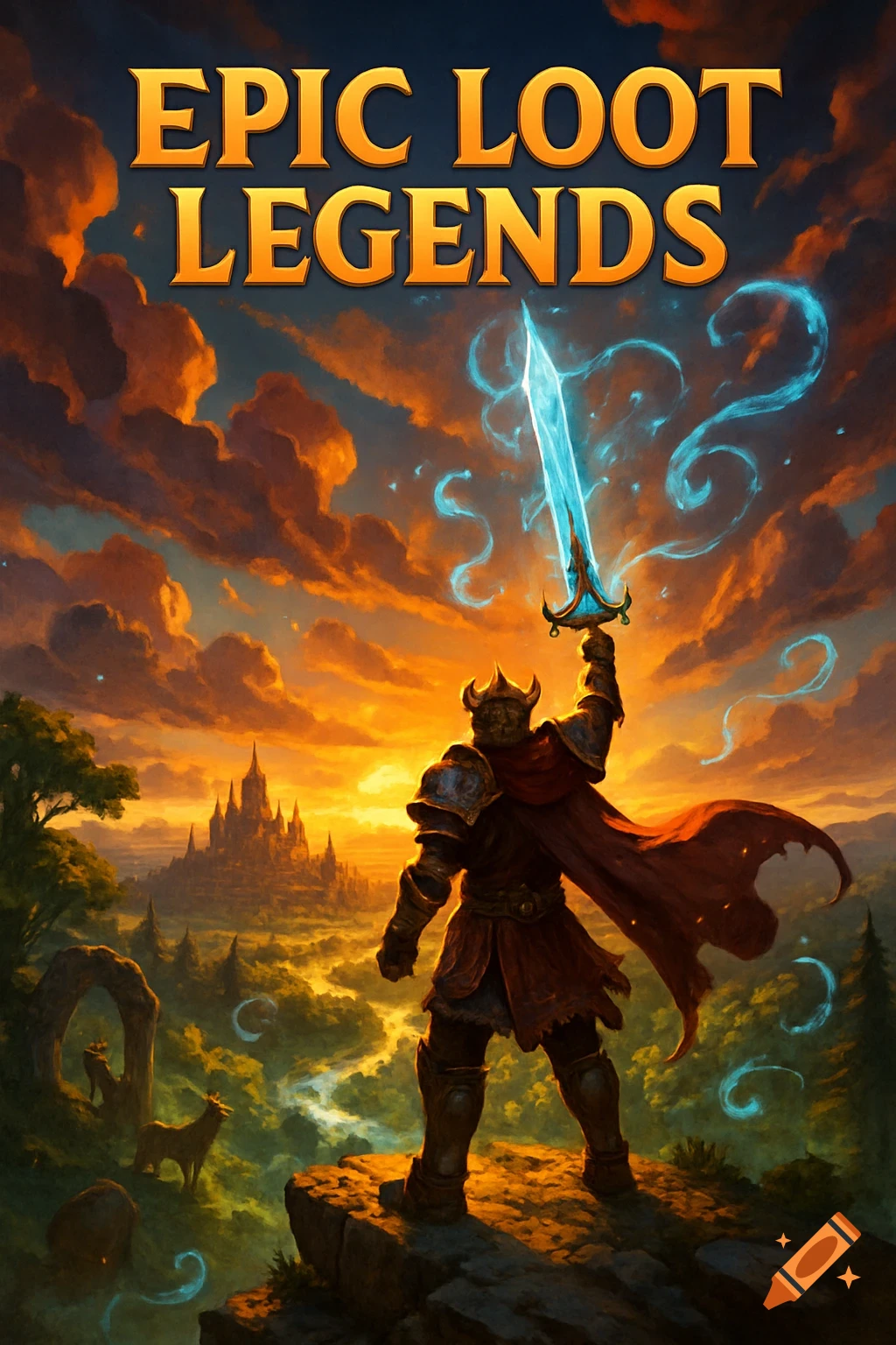 A warrior on a cliff holds a glowing sword aloft, overlooking a fantasy valley and castle at sunset, with the title "EPIC LOOT LEGENDS".
