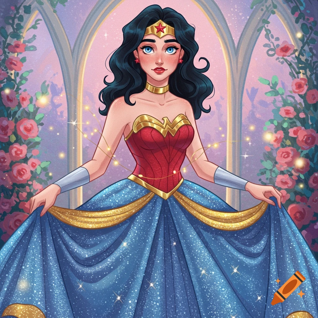 Illustrated Wonder Woman in a sparkling blue and red princess gown, standing in a rose garden with arched windows.