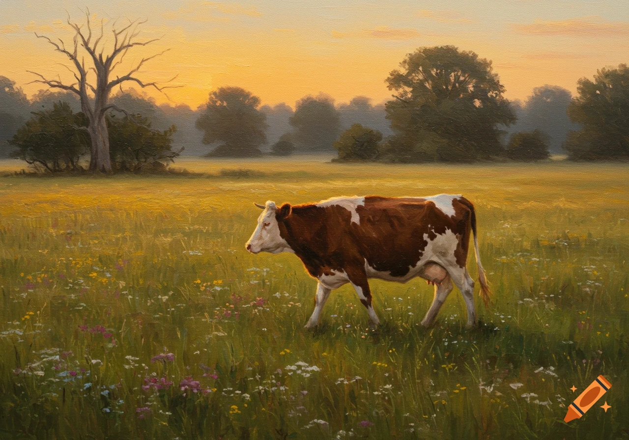 A brown and white cow walks through a grassy field with wildflowers at sunset, rendered in a painting style.