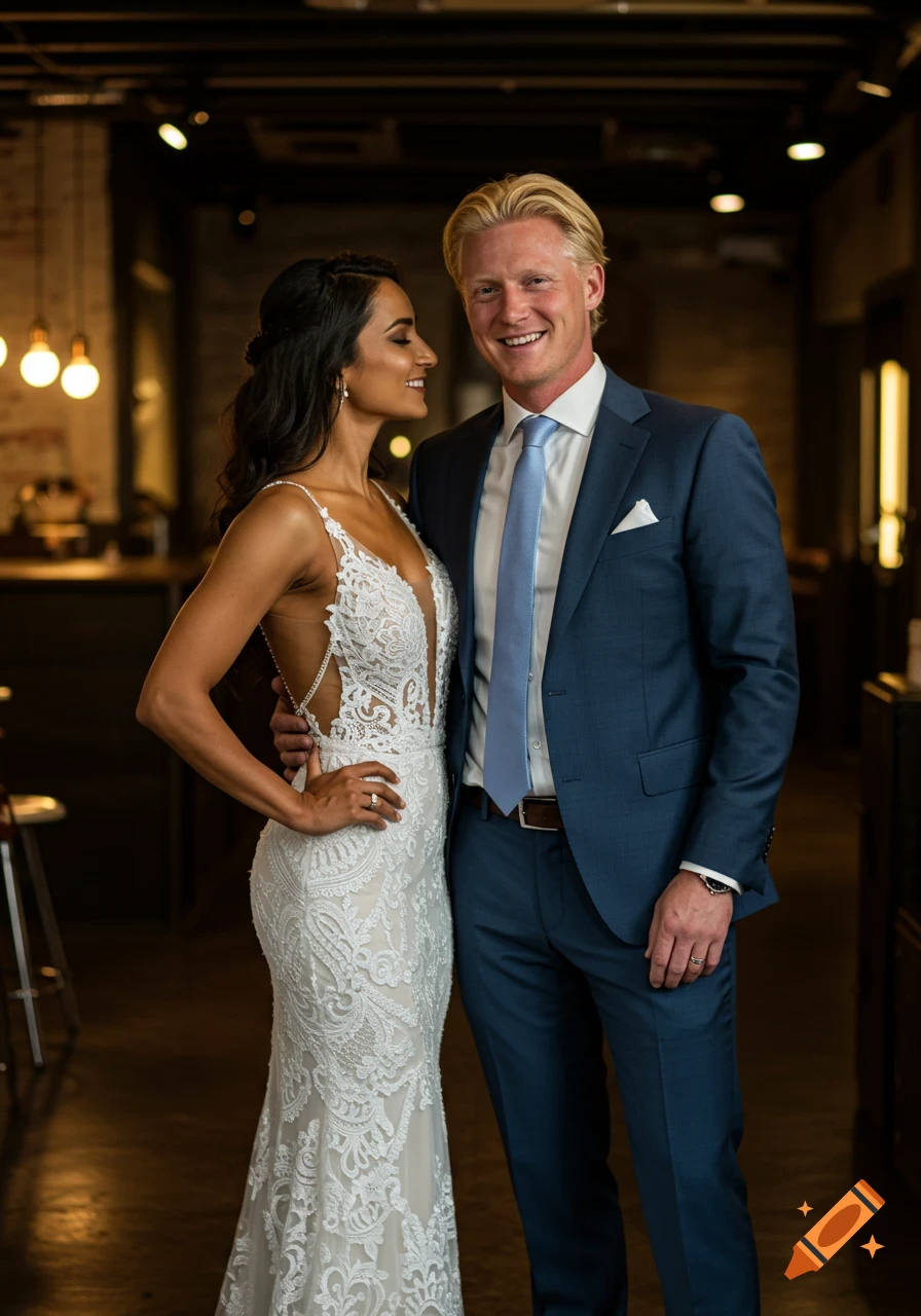 A smiling couple in wedding attire; woman in a white lace gown, man in a blue suit, standing in a softly lit modern venue.
