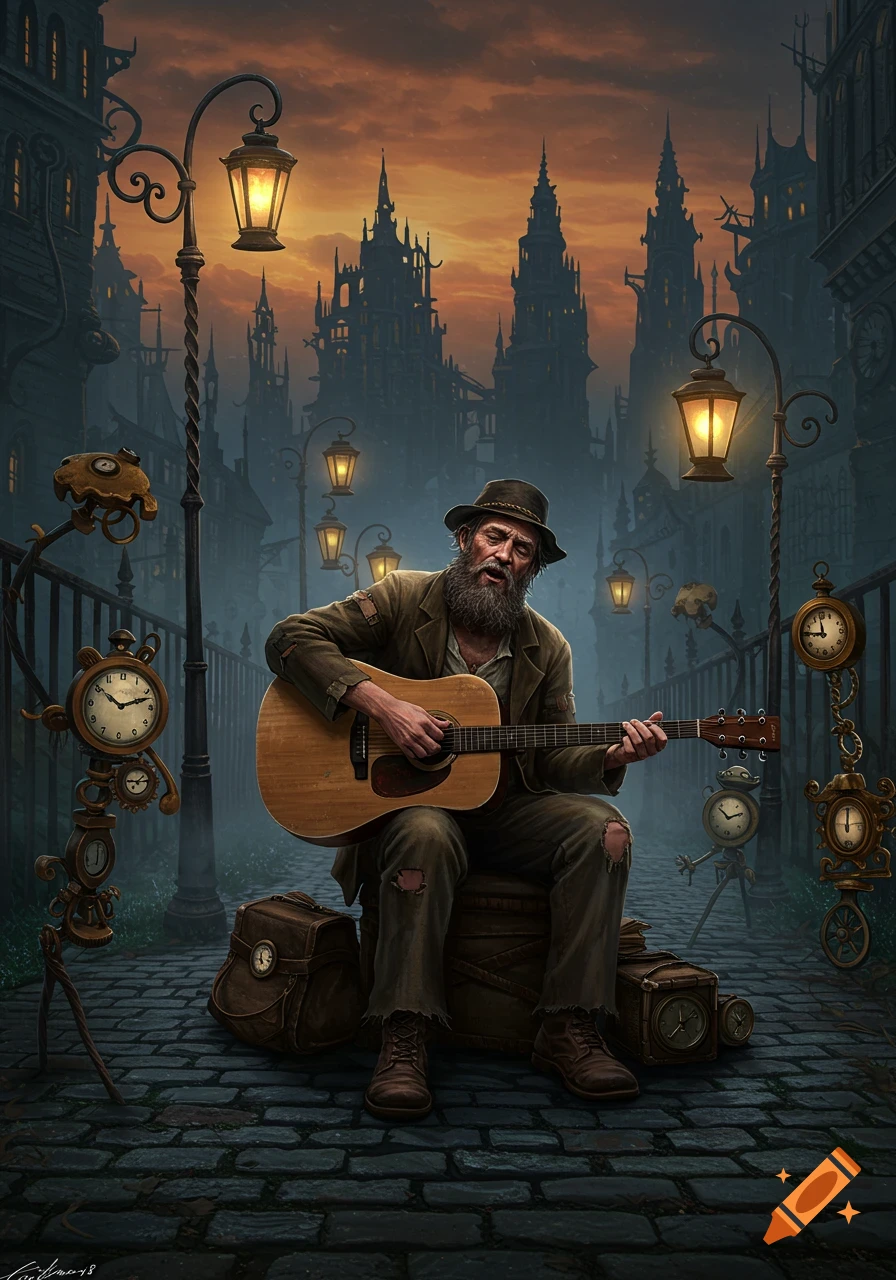 A bearded man in worn clothes plays an acoustic guitar on a cobblestone street at dusk, surrounded by steampunk clocks and a dark, spired city skyline.