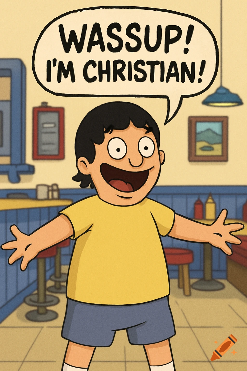 Cartoon boy resembling Gene from Bob's Burgers in a yellow shirt with arms out, saying 'WASSUP! I'M CHRISTIAN!' in a diner.