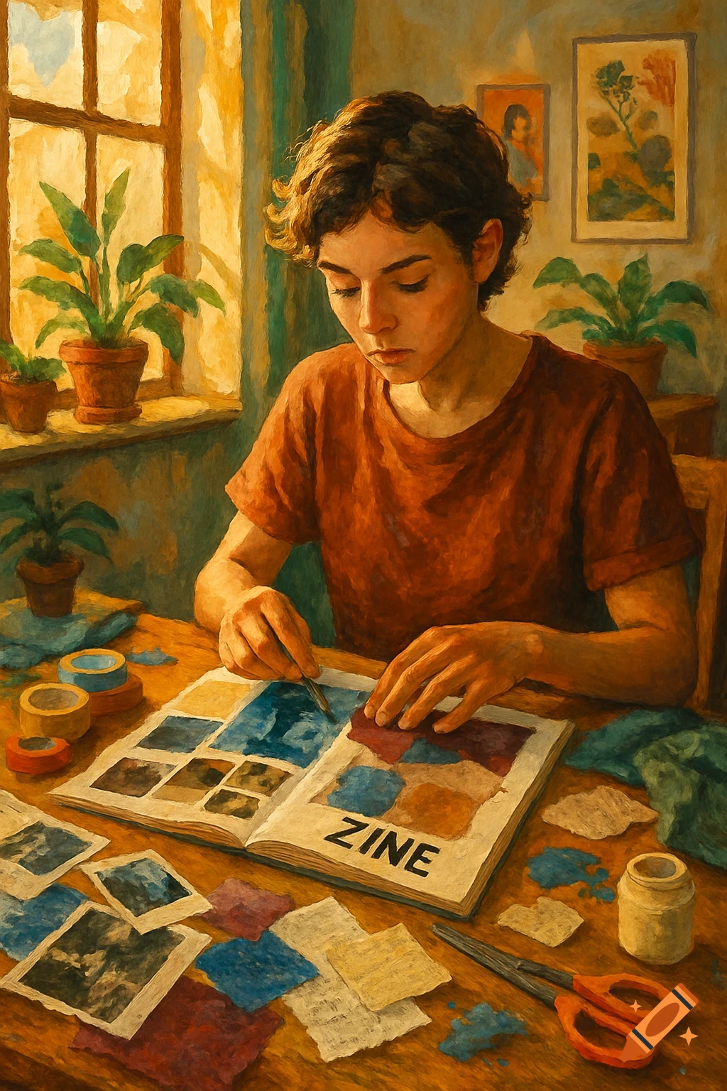 A student with short curly hair works on a zine at a wooden table, surrounded by paper scraps and crafting tools, in a painterly style.