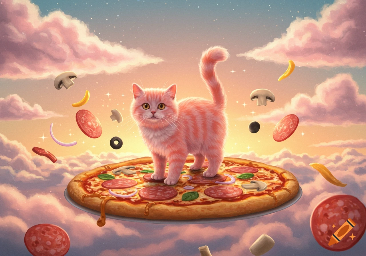 A surreal illustration of a pink tabby cat standing on a pizza floating in a cloud-filled, starry sky with toppings scattered around.