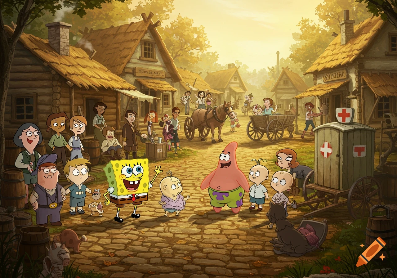 Spongebob and Patrick stand in a bustling cartoon medieval village square with many human villagers and babies, and horse-drawn carts.