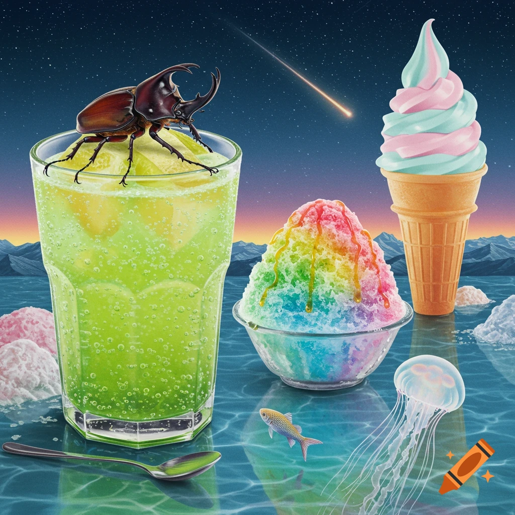 A surreal scene with a beetle on a glass of melon soda, rainbow shaved ice, an ice cream cone, a jellyfish, and a small fish floating on a watery surface under a starry night sky with a shooting star.