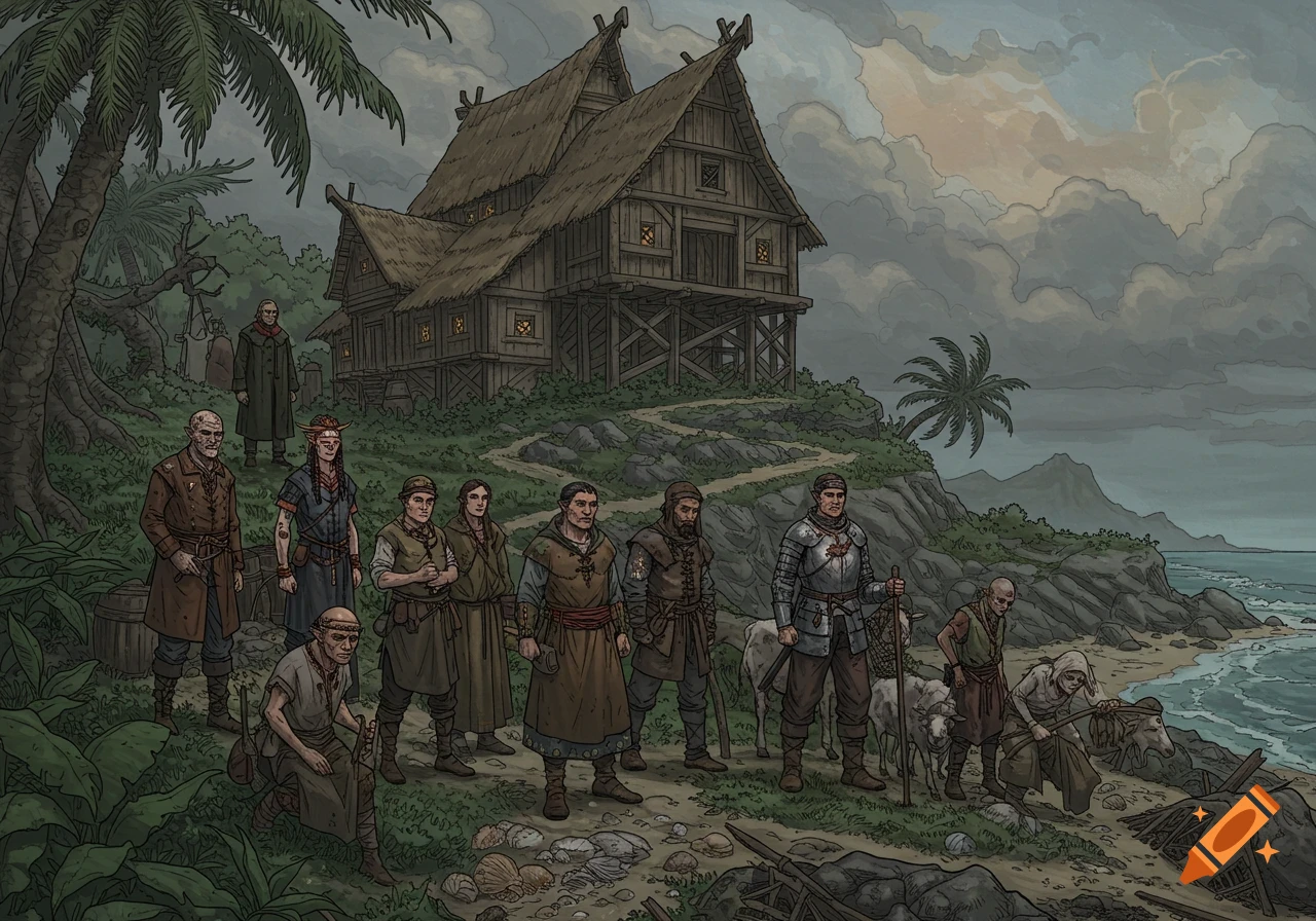 A group of diverse fantasy characters stands outside a thatched longhouse on a stormy subtropical coast, in a detailed illustrative style.