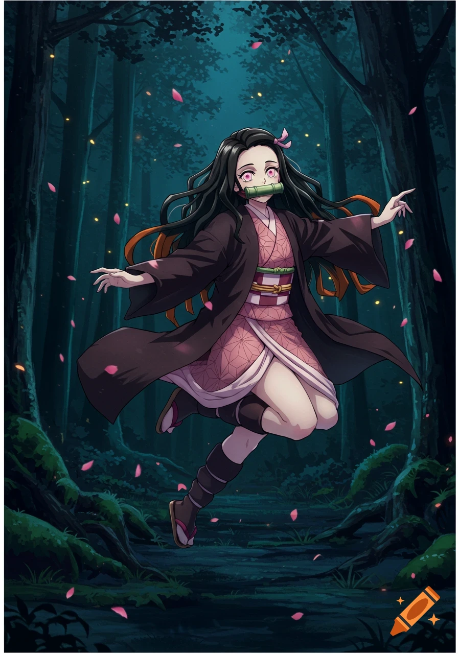 Anime girl Nezuko Kamado in a pink kimono and black haori floats in a dark forest with glowing lights and falling petals.