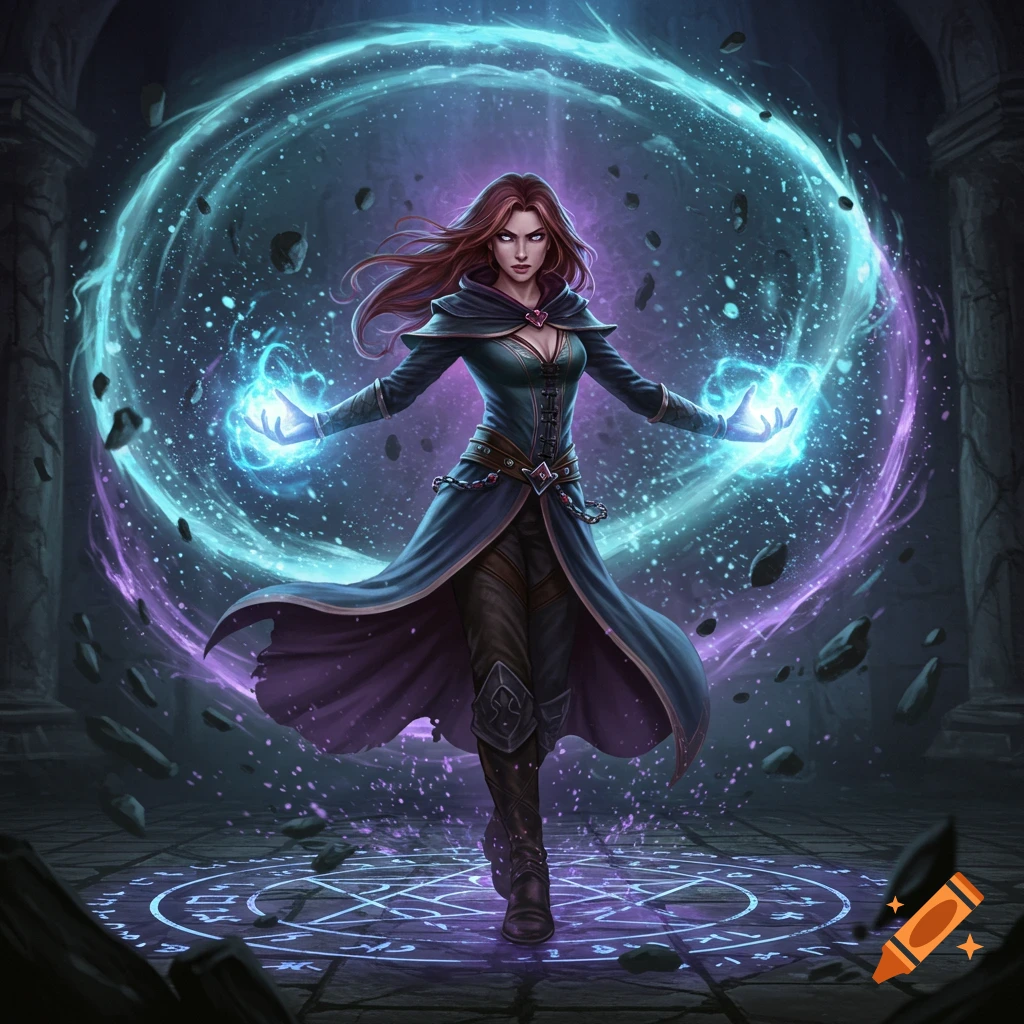A red-haired sorceress in a dark cloak casts a glowing blue spell, surrounded by a swirling magical aura in a ruined temple.