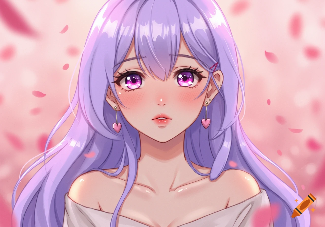 Close-up anime portrait of a girl with long lavender hair, large pink eyes, blushing cheeks, and pink heart earrings, against a pink floral background.
