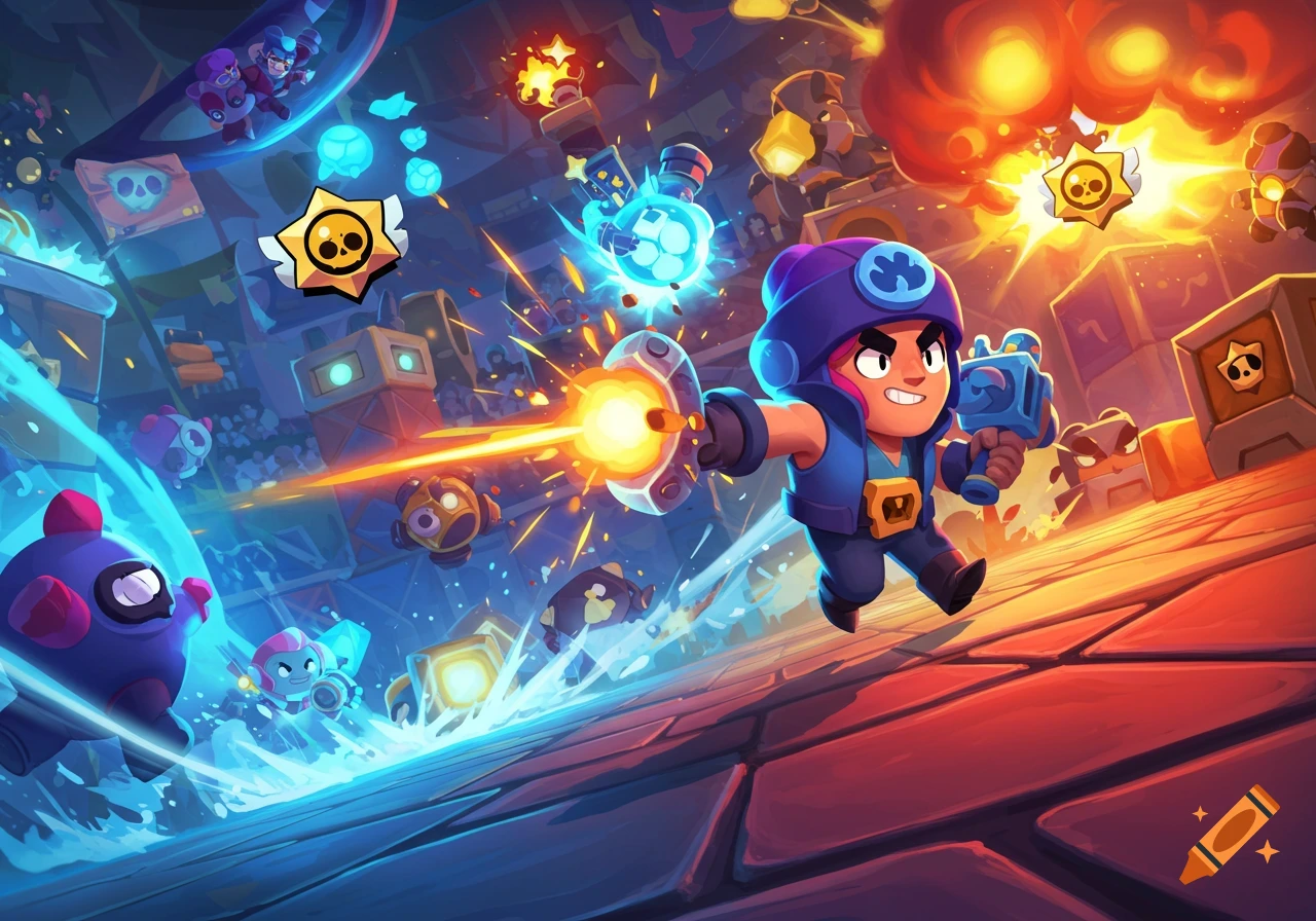 A vibrant cartoon character with a purple hat fires a laser gun in a dynamic battle scene, surrounded by explosions and other characters in a gaming art style.