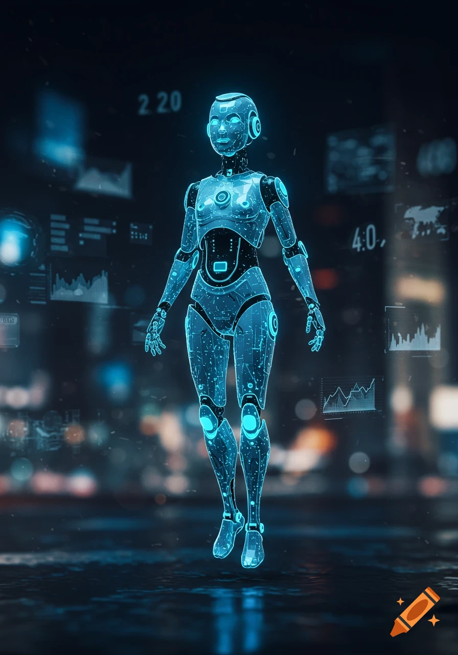 A translucent blue robot with glowing circuits floats in a futuristic digital cityscape with abstract data displays.