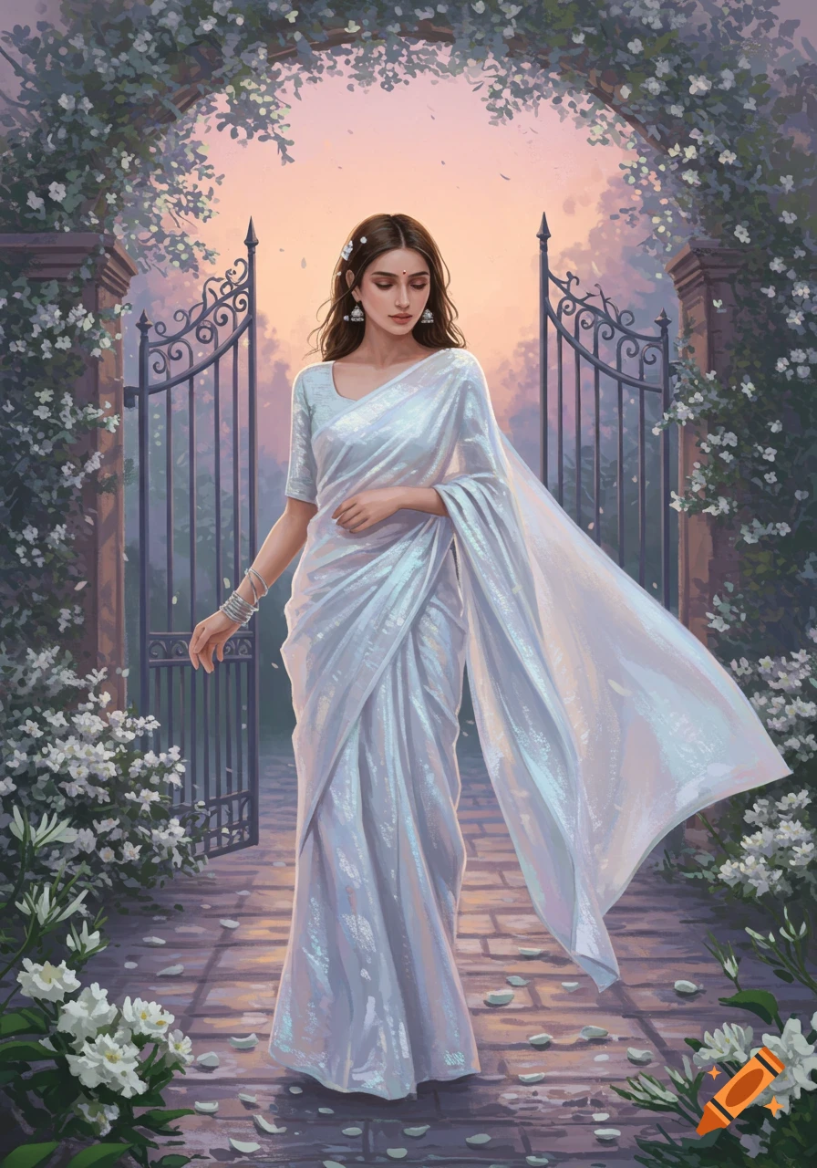 Illustrated woman in a shimmering silvery-white sari walks through an ornate garden gate adorned with white flowers at sunset.