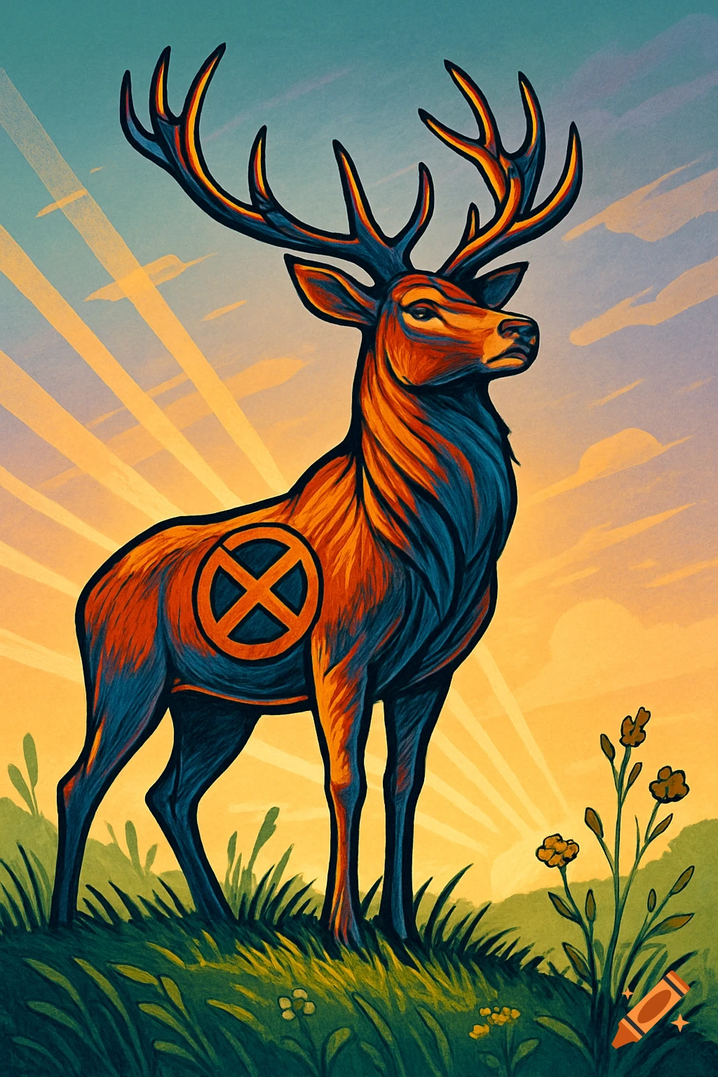 Stylized deer with blue and orange fur and antlers, standing in grass with an X-in-circle logo on its side, against a radiant sky.