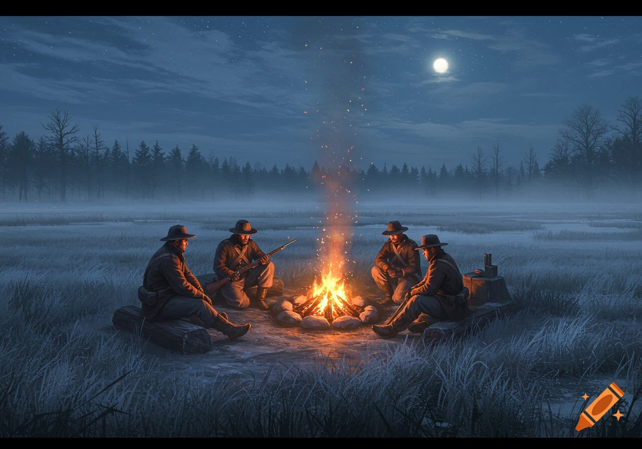 Four soldiers in historical attire sit by a campfire at night in a misty field under a full moon, realistic style.