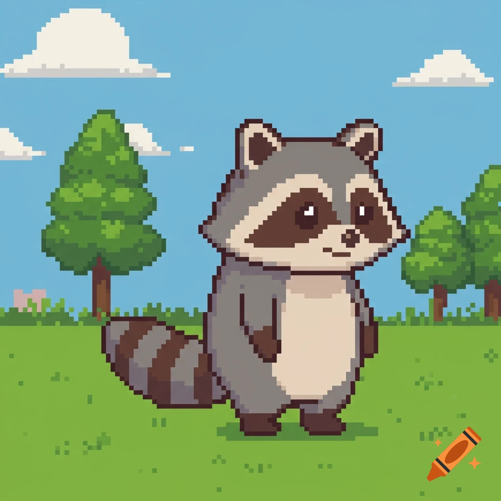 A cute pixel art raccoon stands in a green field under a blue sky with white clouds and trees.
