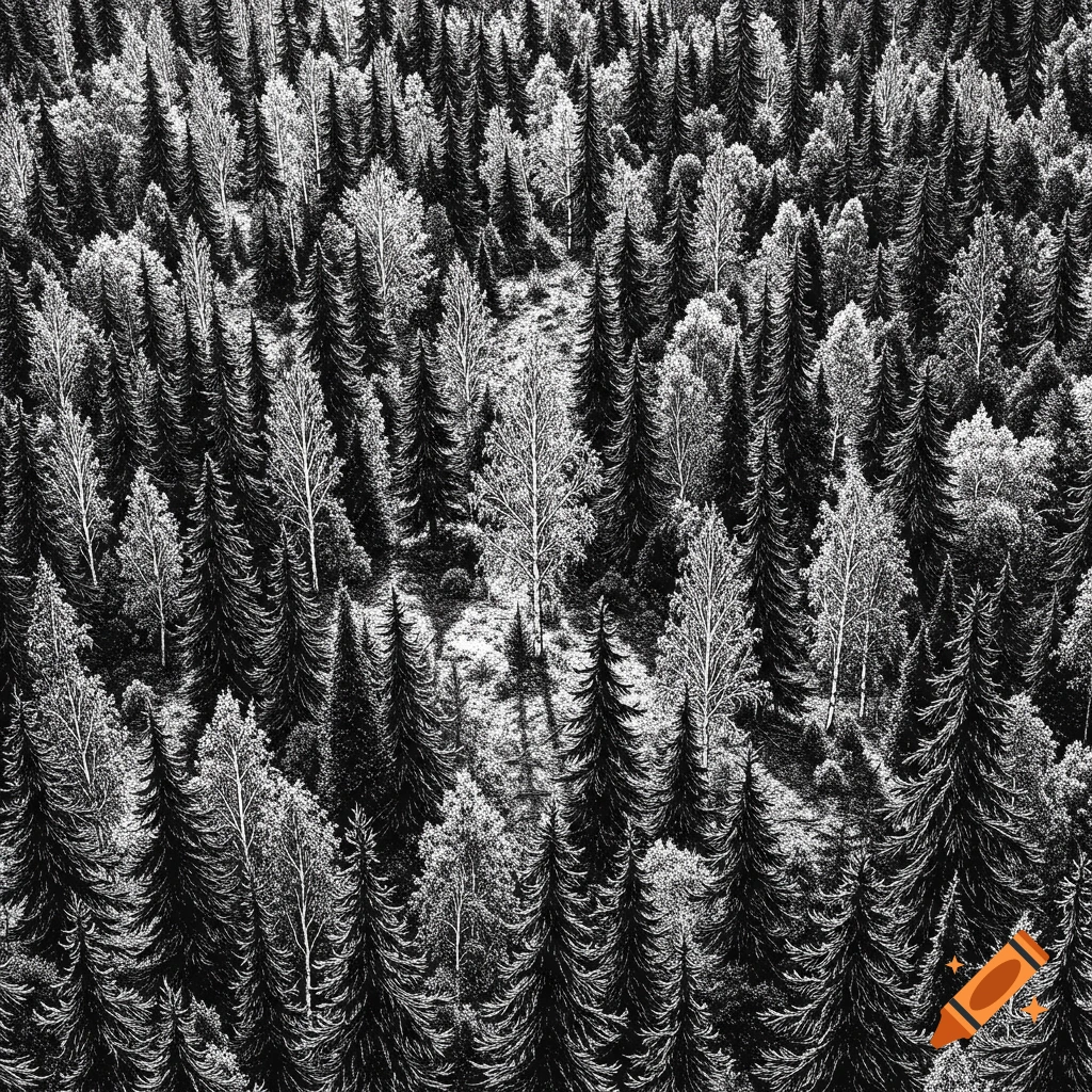 A stylized, top-down black and white illustration of a dense forest, featuring tall pine trees and lighter-toned birch trees, with distinct shadows in a graphic novel ink style.
