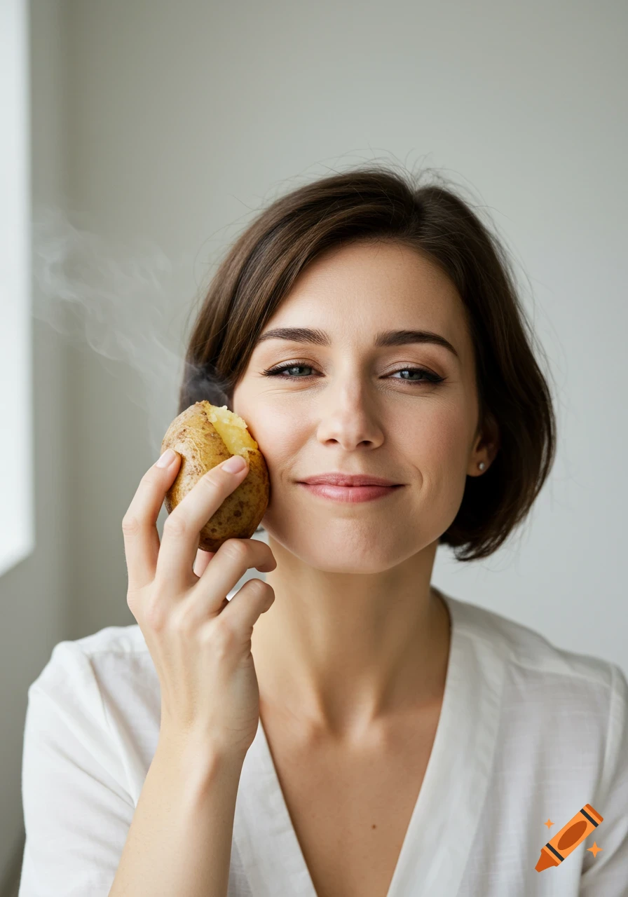 A smiling woman holding a steaming baked potato against her cheek, looking directly at the viewer.