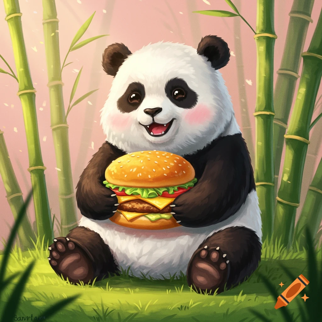 A cute cartoon panda happily sitting in green grass among bamboo, holding a large double cheeseburger.