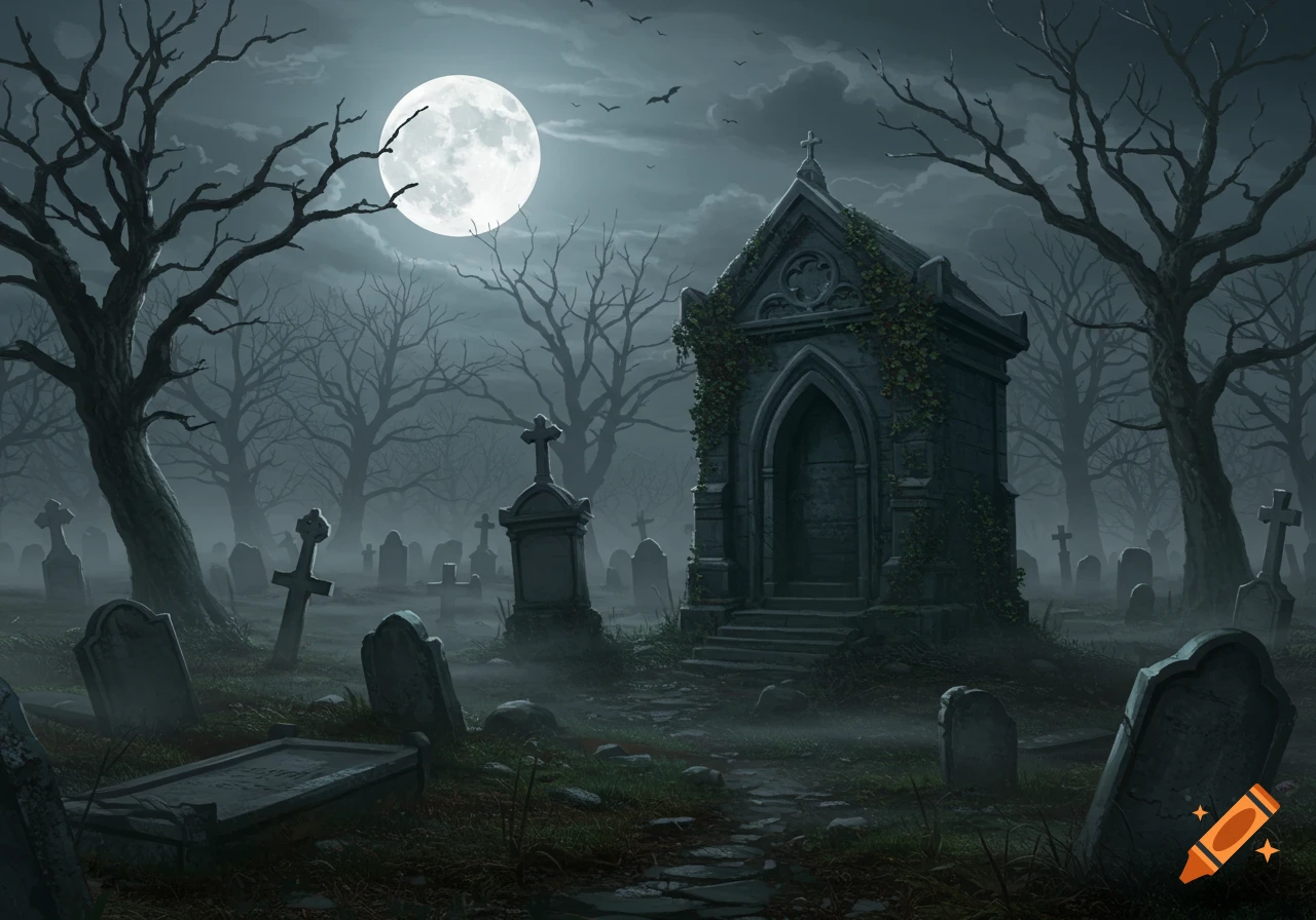 A moonlit gothic graveyard with a central mausoleum, bare trees, and numerous gravestones amidst a misty landscape with bats flying.