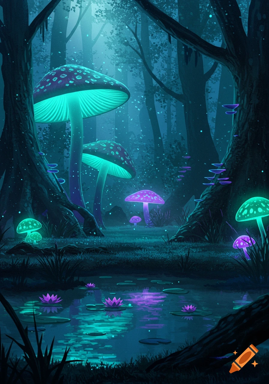 A dark, magical forest at night with tall glowing turquoise and purple mushrooms and water lilies in a reflective pond.