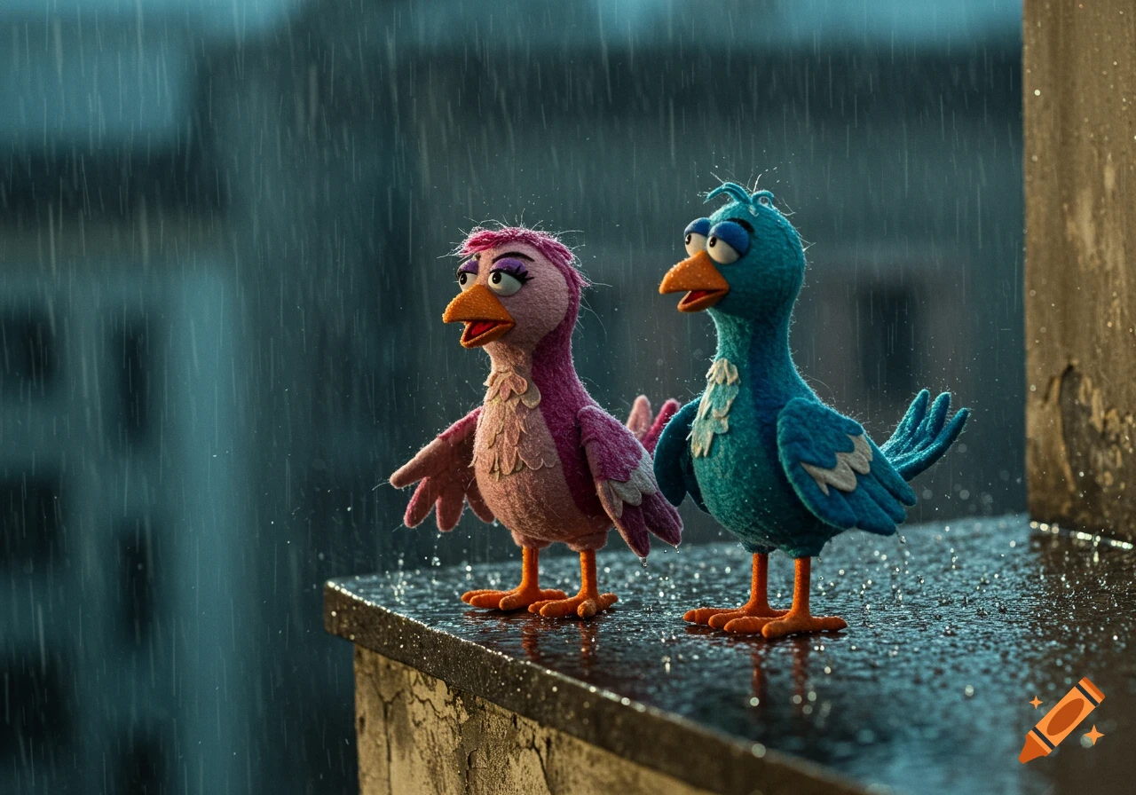 Two photorealistic felt puppet birds, one pink and one teal, stand on a wet building ledge in the rain.