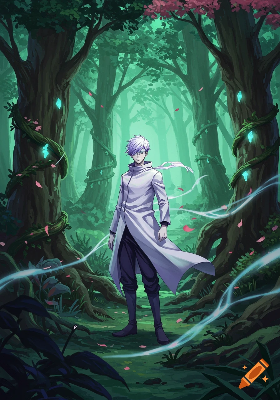 White-haired anime character in a long white coat stands in an enchanted forest with glowing crystals and pink petals.