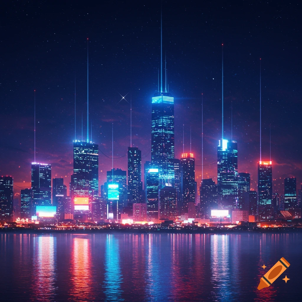 A futuristic city skyline at night, with vibrant neon blue and red lights reflecting on the water under a starry sky.