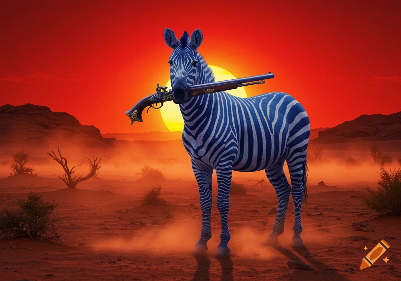 A blue zebra stands in an arid desert at sunset, holding a long flintlock musket in its mouth.